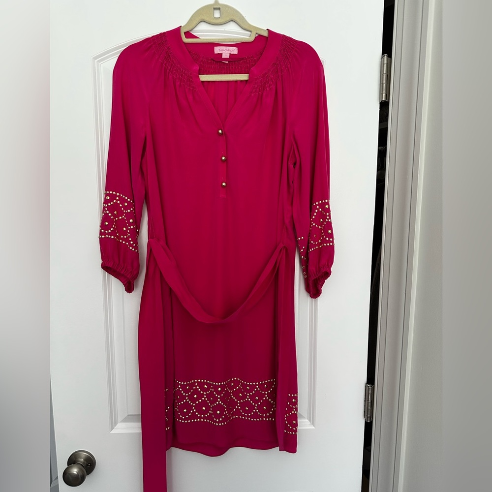 Lilly Pulitzer pink silk long sleeve dress w/gold detail size small